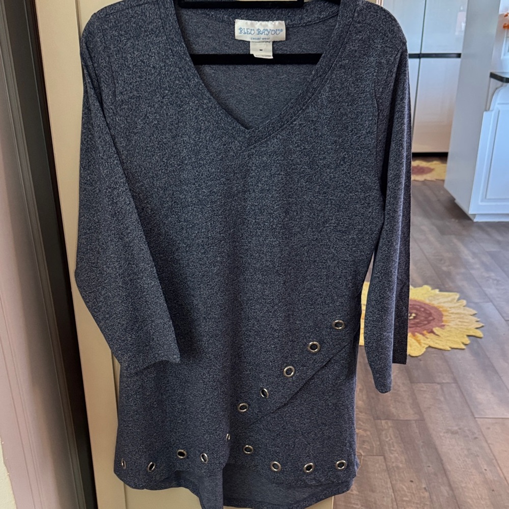 Blue V-Neck Eyelet-Detail Tunic Top by